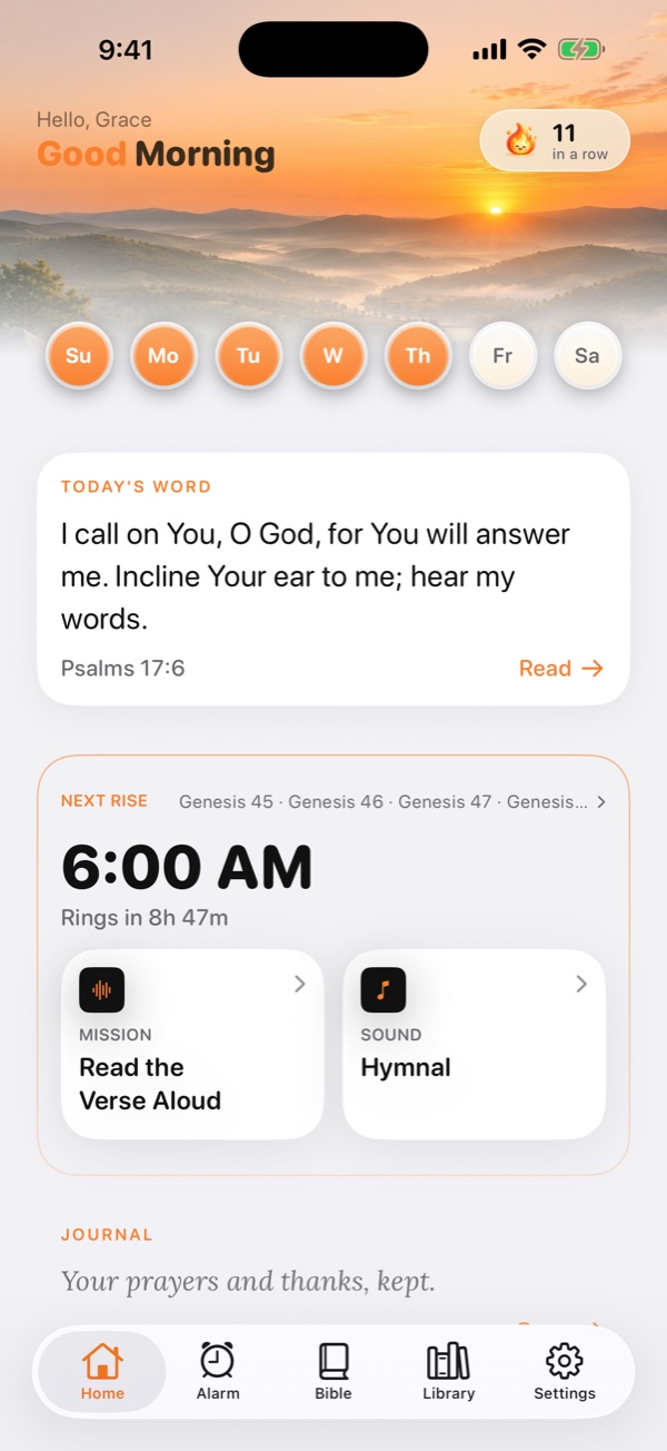 Sonrise Home: Good Morning, eleven mornings in a row, today's word and the next rise at 6:00 AM.