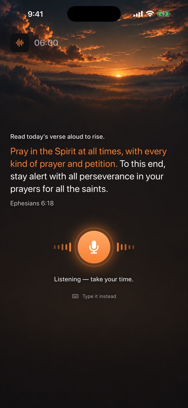 The alarm screen: today's verse being read aloud.